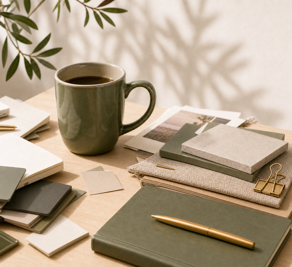 A calm desk with coffee, notebooks, swatches and a brass pen